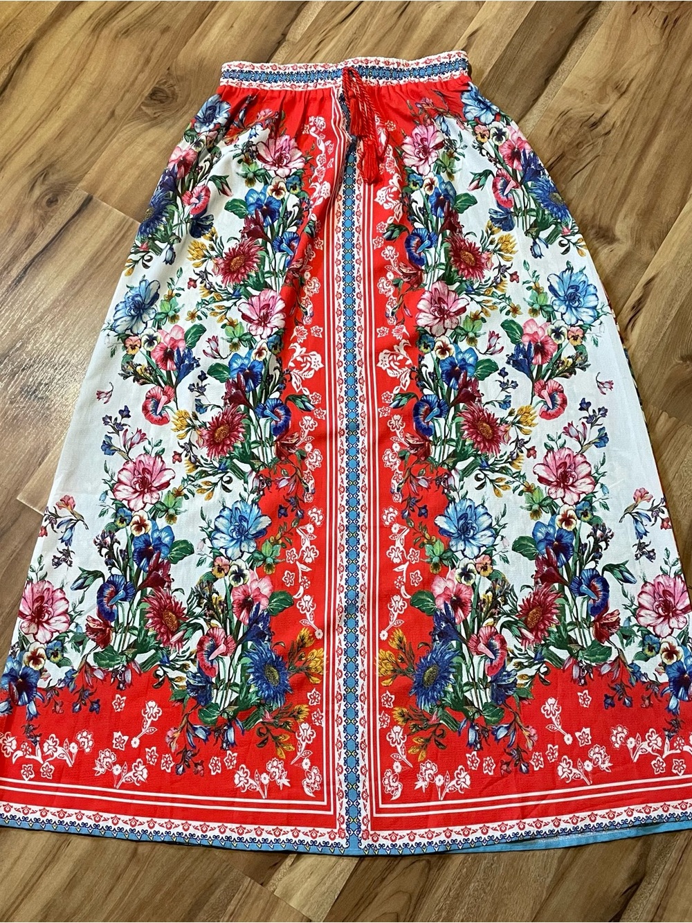 Umgee Boho Colorful Floral Maxi Skirt Elastic Waist Faux Drawstring S